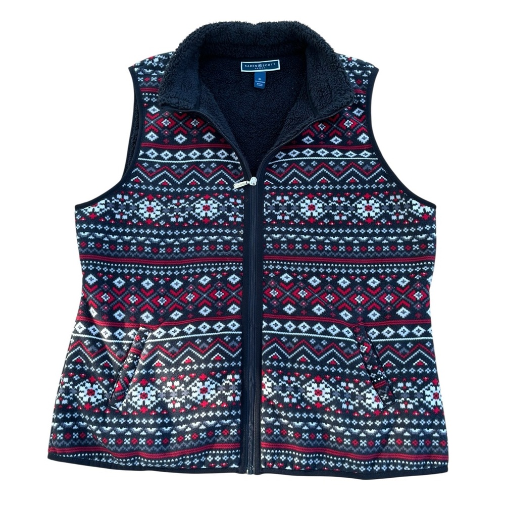 Karen Scott red and black multi pocket women’s size extra large Fleece Vest